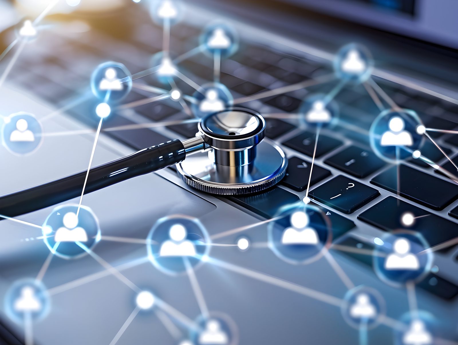 A stethoscope on a laptop, overlaid with a network of connected people